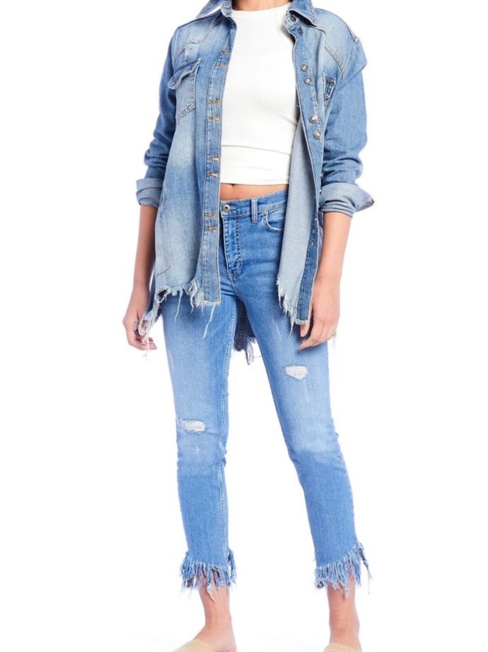Free People Moon Child Faded Blue Distressed Denim Jacket Sz Small - Picture 5 of 13